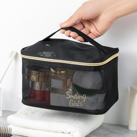 Mesh Cosmetic Bag Visible High Capacity Portable Double Zippers with Handle Storage Multifunctional Travel Mesh Makeup Bag Trip Accessory