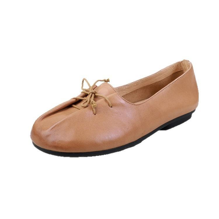 Retro handmade pleated flat-bottomed lace-up casual single shoes 2025 new cowhide round head soft-faced grandma shoes Doudou shoes