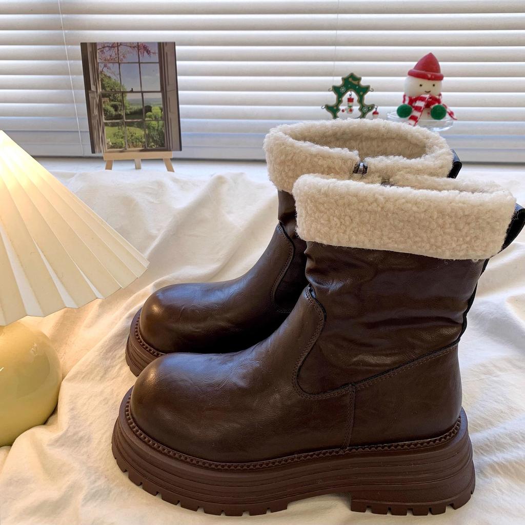 Cowhide Version Thick-soled Velvet Martin Boots Women's Winter New Retro Warm Fluffy Short Boots Non-slip Snow Boots