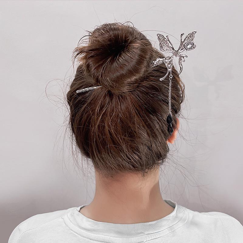 National Tide New Chinese Hairpin Liquid Metal Butterfly Hairpin Crescent Set Diamonds Vintage Bamboo Joints Tassel Hairpin Coiffure Hairpin