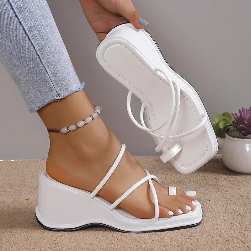

Fashion Women s White Wedge Sandals Summer 2025 Ring Toe Cross Strap Gladiator Sandals Woman Non Slip Platform Beach Slippers Plus Size 42 белый