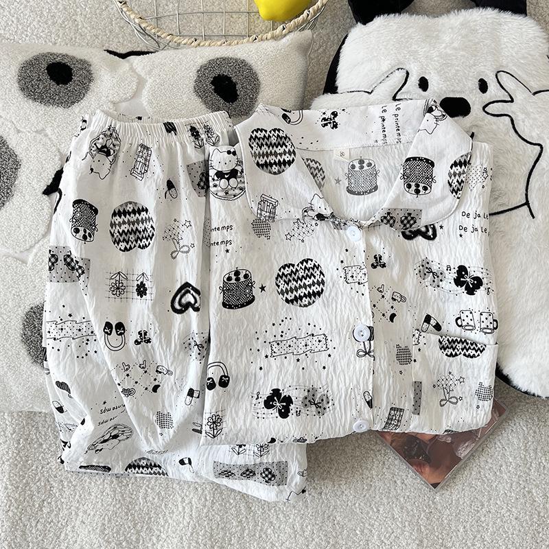 

Women s Summer Pajama Set: Short-Sleeve Cartoon Print with Shorts, Cloud Cotton XL-2XL
