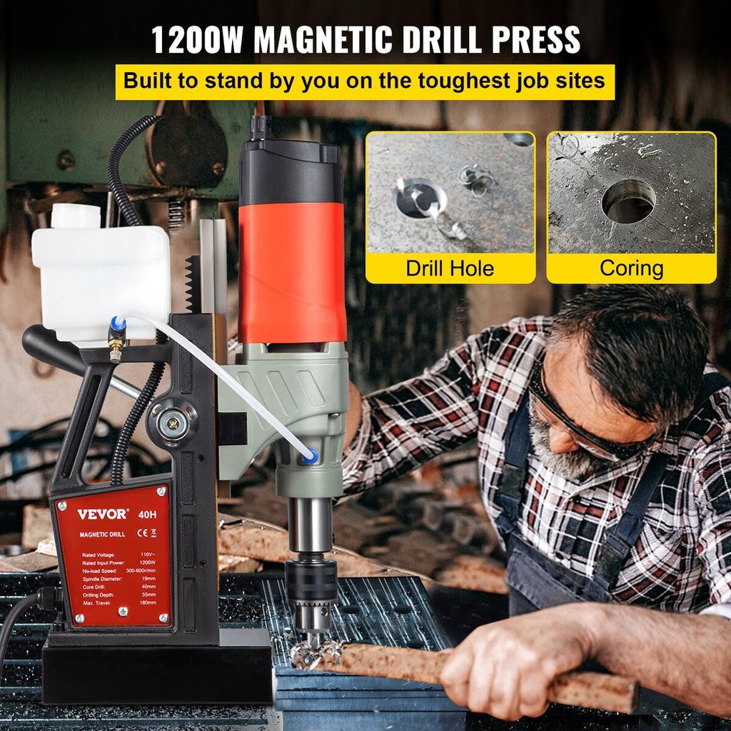 Magnetic Drill, 1200W 1.57" Boring Diameter, 2922lbf/13000N Portable Electric Mag Drill Press with Variable Speed, 580 RPM Drilling Machine for Any