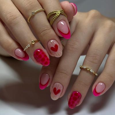 24PCS Magenta Leopard Print French Almond Press On Nails with Glue Sweet Pink Heart Short Oval Fake Nails for Hot Girls Ins Nail