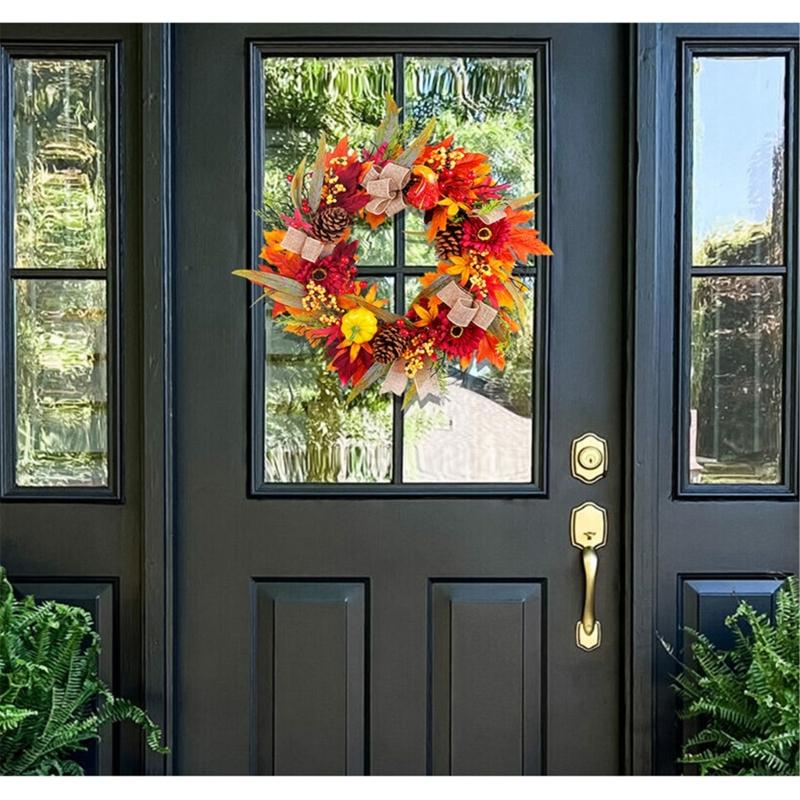 Artificial Autumn Wreath for Front Door Farmhouses Garden, Harvest Wreath with Pumpkins Thanksgiving Party Decorations