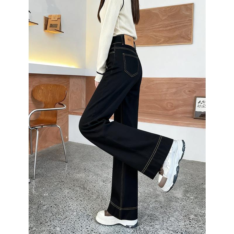 Wide-leg jeans women's denim blue velvet autumn and winter, loose high-waisted and thin elastic straight floor pants