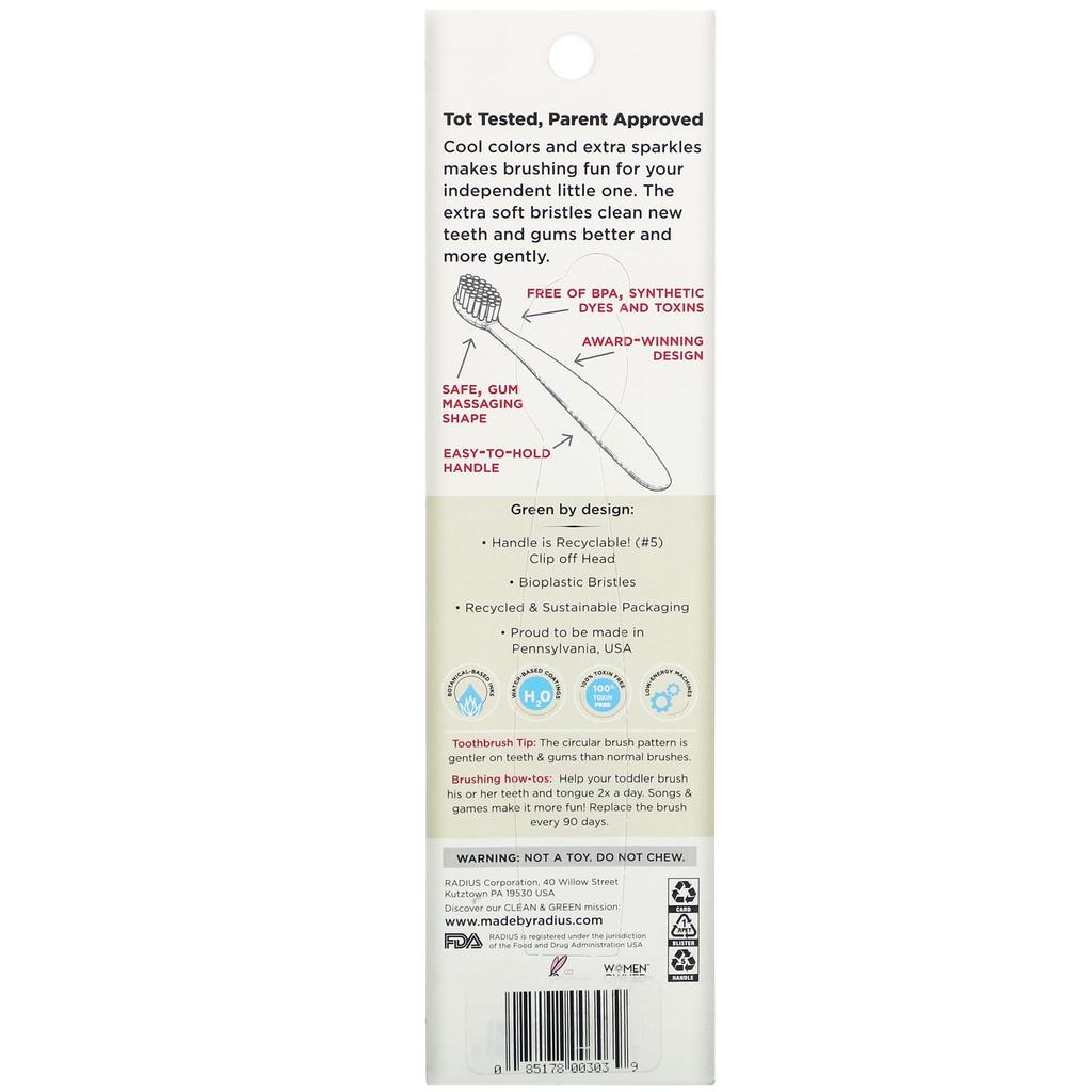 RADIUS, Totz toothbrush, 18+ months, extra soft, light blue sparkle, 1 toothbrush