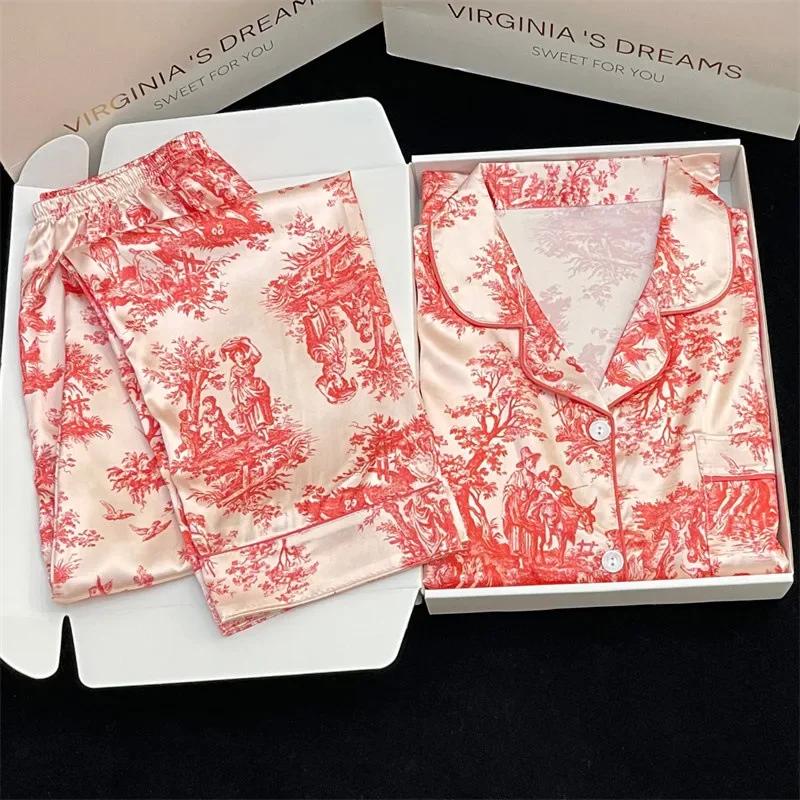 Red Pajamas Women Spring Summer Long Sleeves Long Pants Satin Silk Sleepwear Pijamas Womens Pyjamas Thin Pijamas Girl Homewear