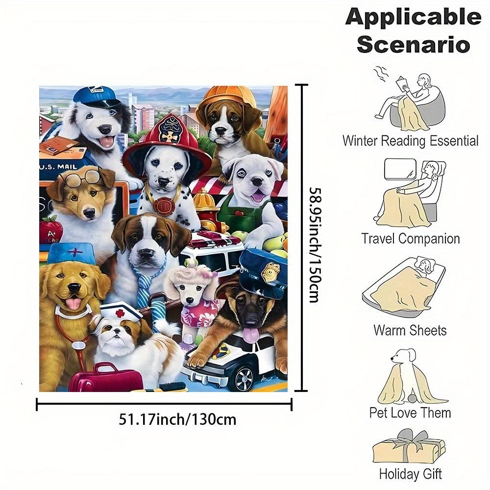 Cartoon Dogs Print Flannel Throw Blanket - Reversible All-Season Soft Polyester, Ideal Gift