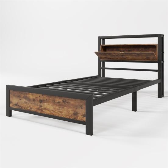 Platform Bed Metal with Storage Headboard Strong Load Bearing Adult Single Slats Frames Home Furniture Space Head