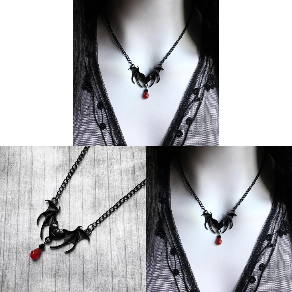 Gothic Black Bat Wing Pendant Necklace With Alloy Chain For Fashion Women