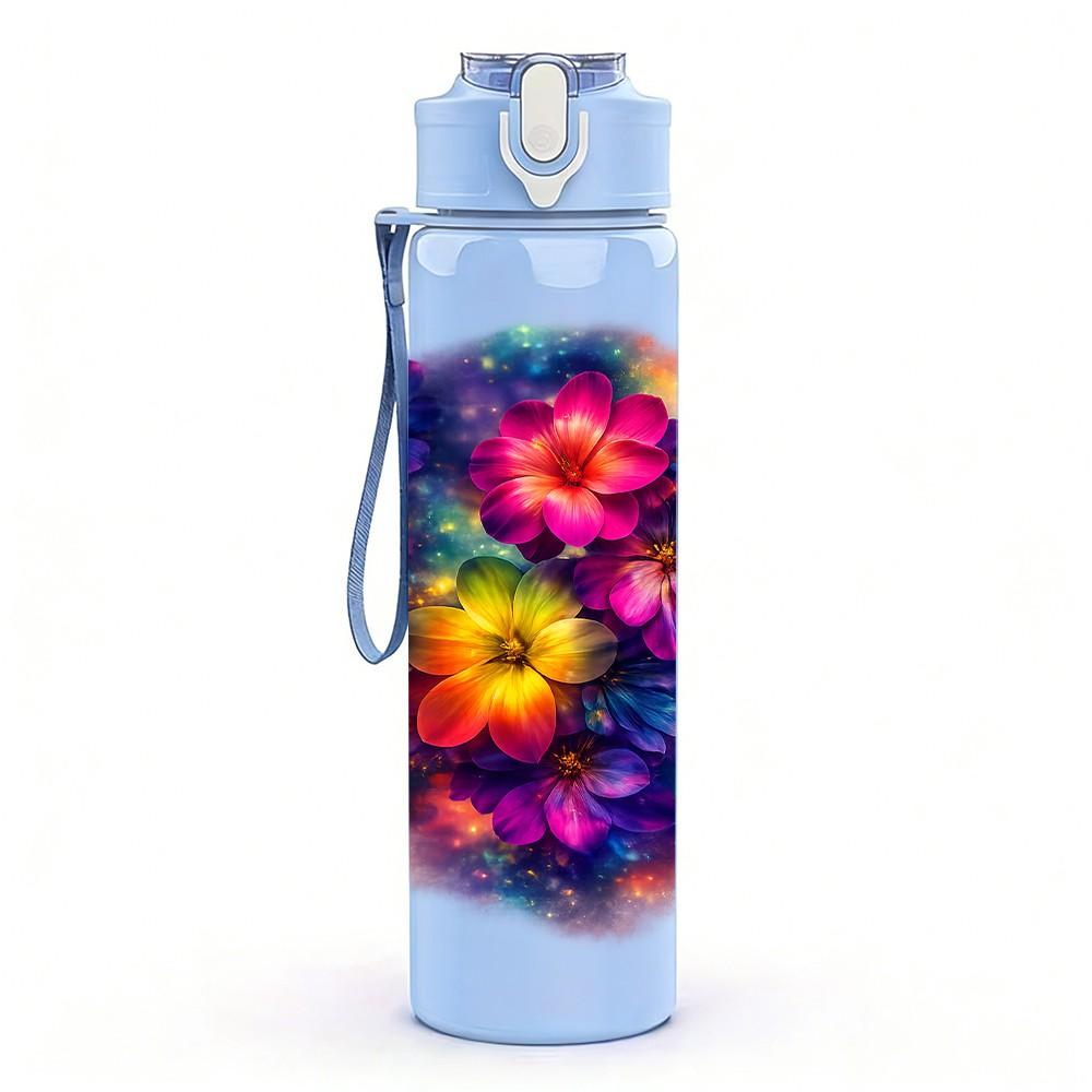 1PC Big Round Multicolor Flower Bouquet Print 750ml Color Plastic Sports Water Bottle Leakproof Flip Straw Lid Suitable for Sports Office Home Use