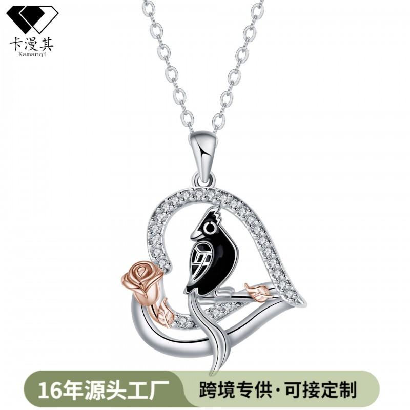 Heart Shape Parrot Pendant Necklace Women Fashionable Copper Charm On Cross Chain Adjustable 41-50cm