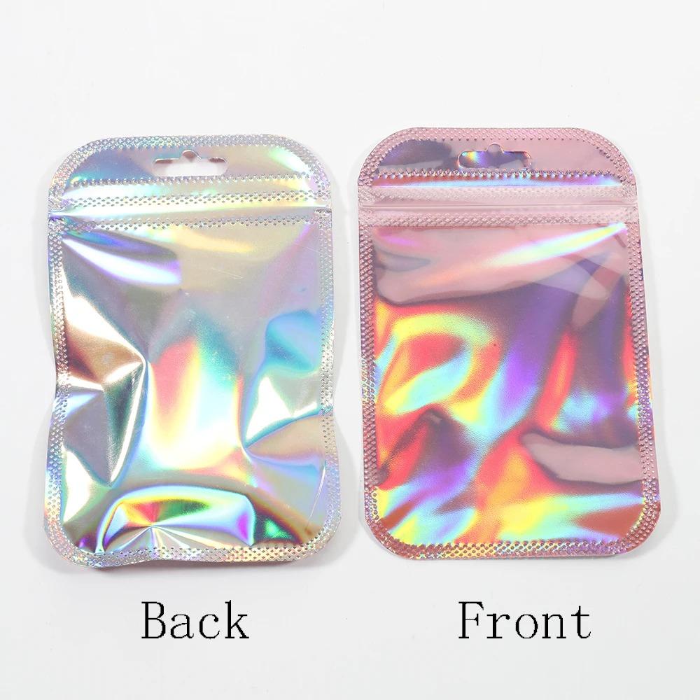 50pcs Iridescent Self Sealing Bags Pink Laser Plastic Pouches Resealable Zip Lock Packaging for Jewelry Display Retail Bags