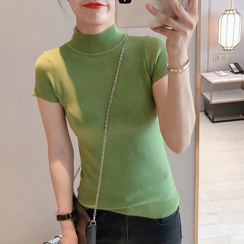 Women's Solid Half Turtleneck Slim Short Sleeve Knitted T-Shirt
