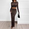 New Women's Round-neck Sexy Body-hugging Two-piece Long-sleeved Leopard Print Slim Split Suit