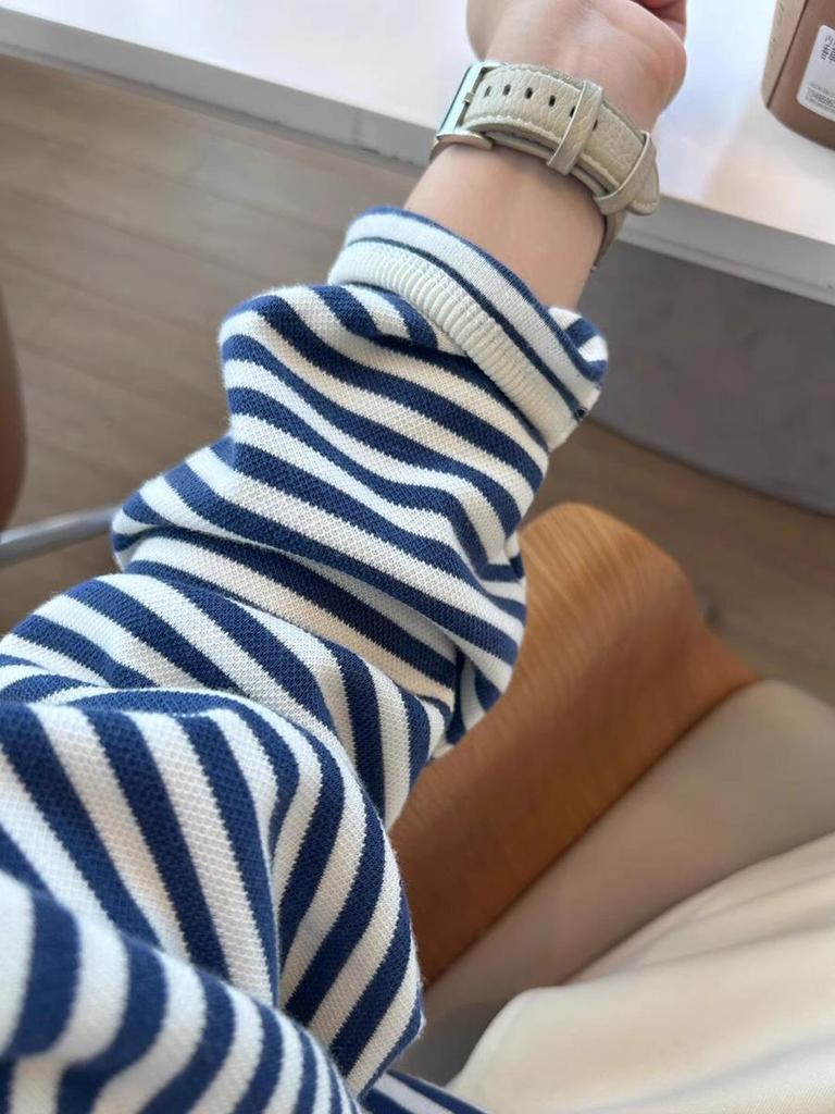 Women's Autumn Chic Korean Blue & White Striped Loose Sweatshirt