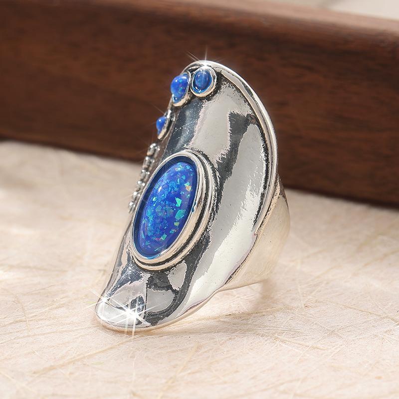 Vintage Copper Material Ring, Handmade Synthetic Long Opal Ring, Synthetic Blue Opal Ring As A Gift for Mom