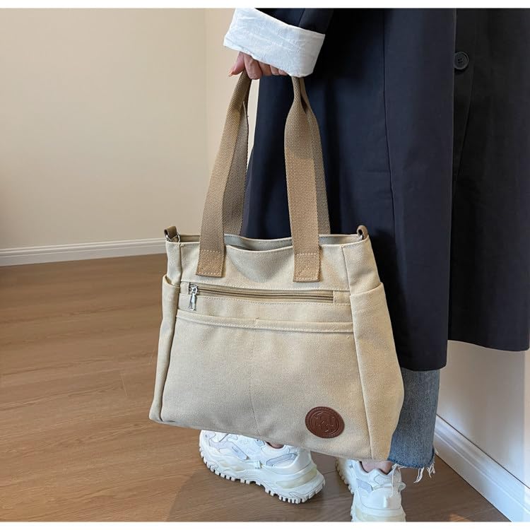 VFBNUINJKL Women's Canvas Tote Bag with Zipper, Multiple Pockets, Large Capacity, A4 Size, Lightweight, Perfect for Travel, Commuting, and School