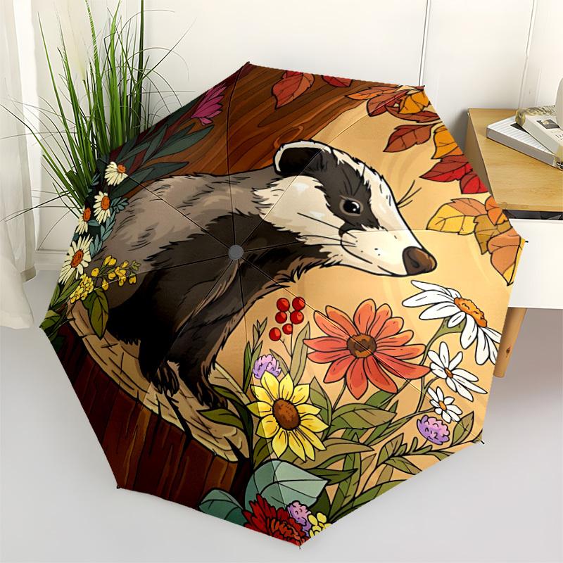 

1pc Badger Forest Flowers Automatic Folding Umbrella, 8-Rib Iron Frame, Casual Outdoor Accessory for Birthday Festival Gifts yy251128105