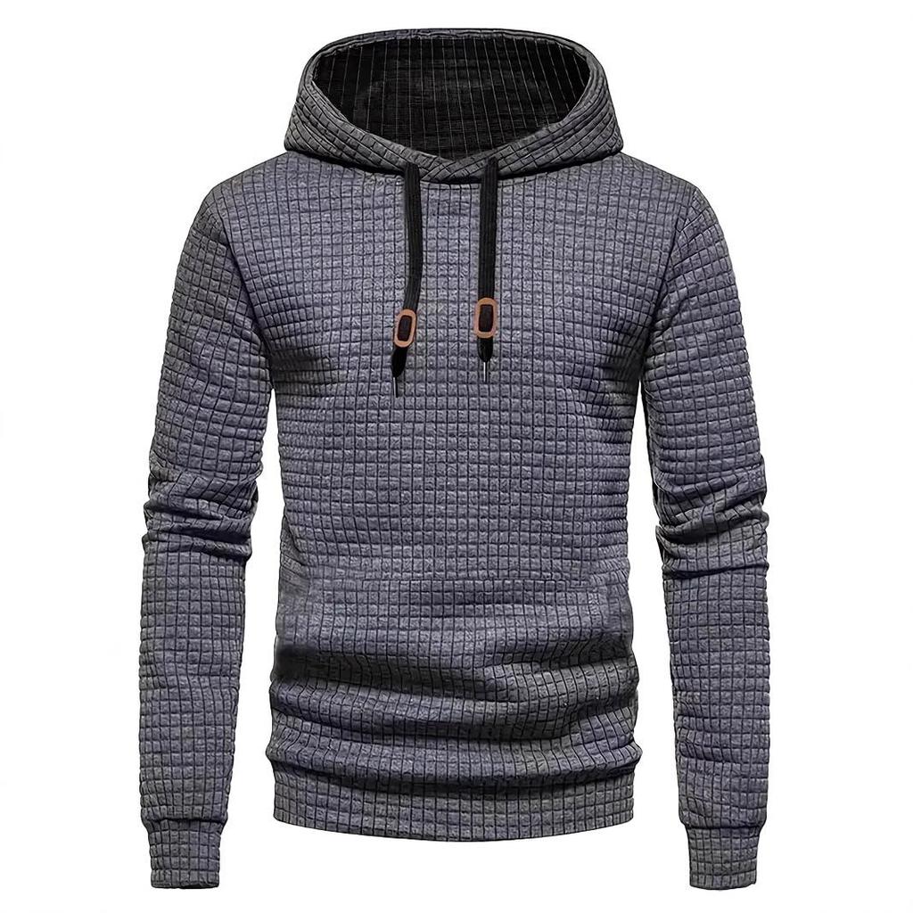 European Long Sleeve Hooded Men's Hoodie with Drawstring Jacquard Checkered Patchwork.