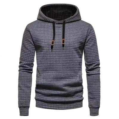 European Long Sleeve Hooded Men's Hoodie with Drawstring Jacquard Checkered Patchwork.