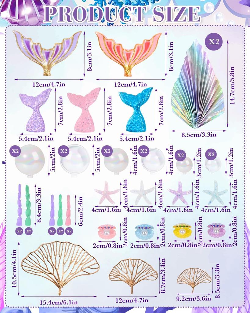 Mermaid Cake Toppers, 38pcs Under the Sea Cake Decor Set With Golden Ginkgo Leaves for Birthday Mermaid Theme Party Supplies