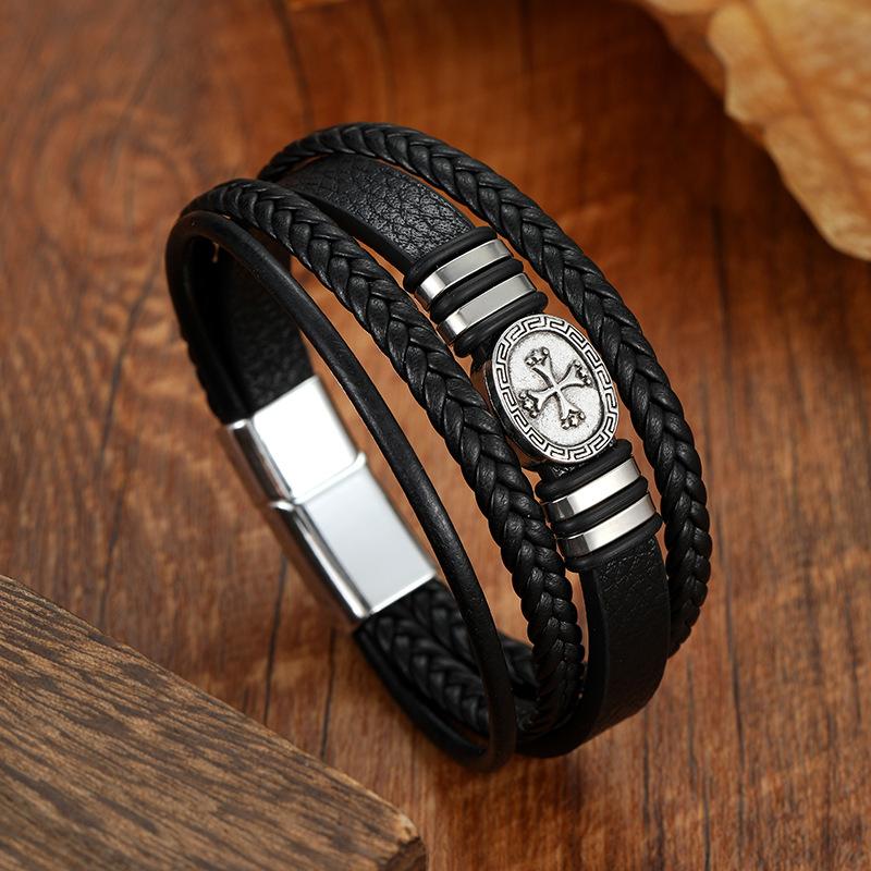 Mens Multi Layer Braided Leather Bracelet With Magnetic Cross Geometric Design And Magnetic Clasp Bangle чёрный
