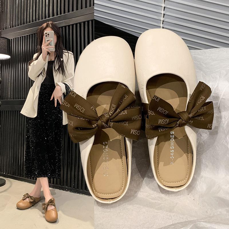 Soft sole outer wear bag head half drag 2025 spring and summer new shoes casual flat women's shoes bow comfortable slippers