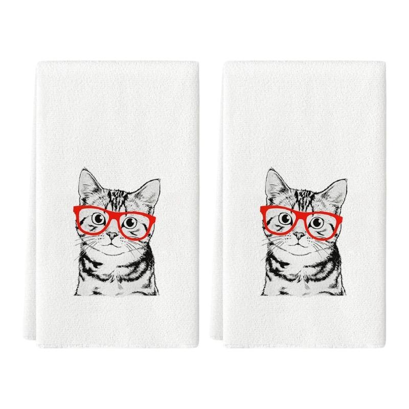 Set of 2 Decorsative Cats Themed Kitchen Towels Quick Drying Dishcloths Hand Towel For Countertop Decors Practical Use