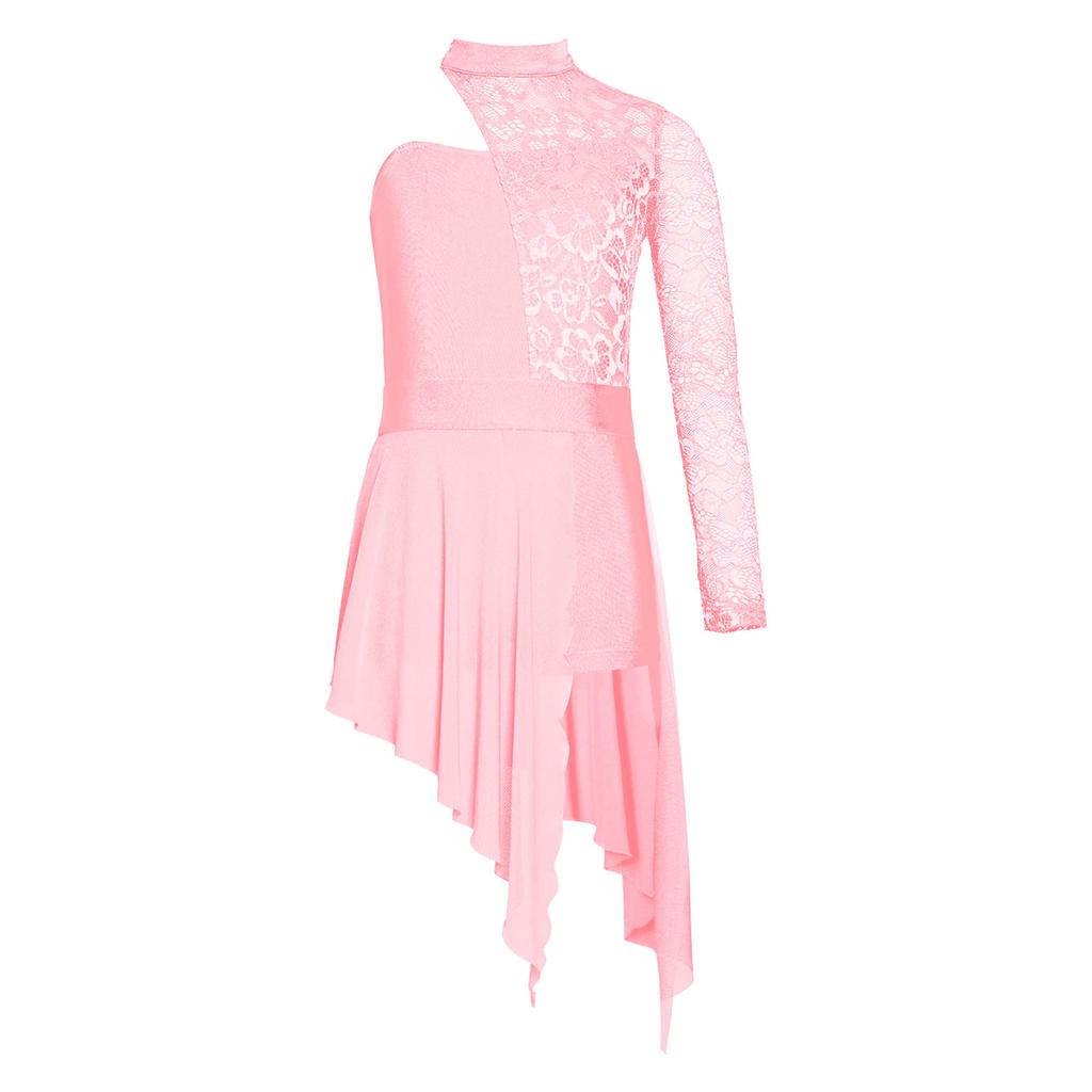 Ліричний танцювальний комбінезон для дівчаток з квітковим мереживом, асиметричним подолом та шортиками для сценічного виступу