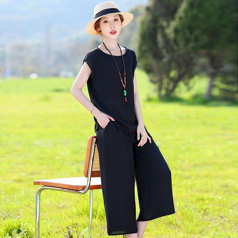 Cotton Silk Two Piece Set Womens Summer Outfit Loose Short Sleeve T-shirt and Pants Casual Trendy Plus Size