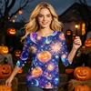Women’s Casual Three Quarter Sleeve Crew Neck Top with Halloween and Pumpkin Print Loose Fit Comfortable Design