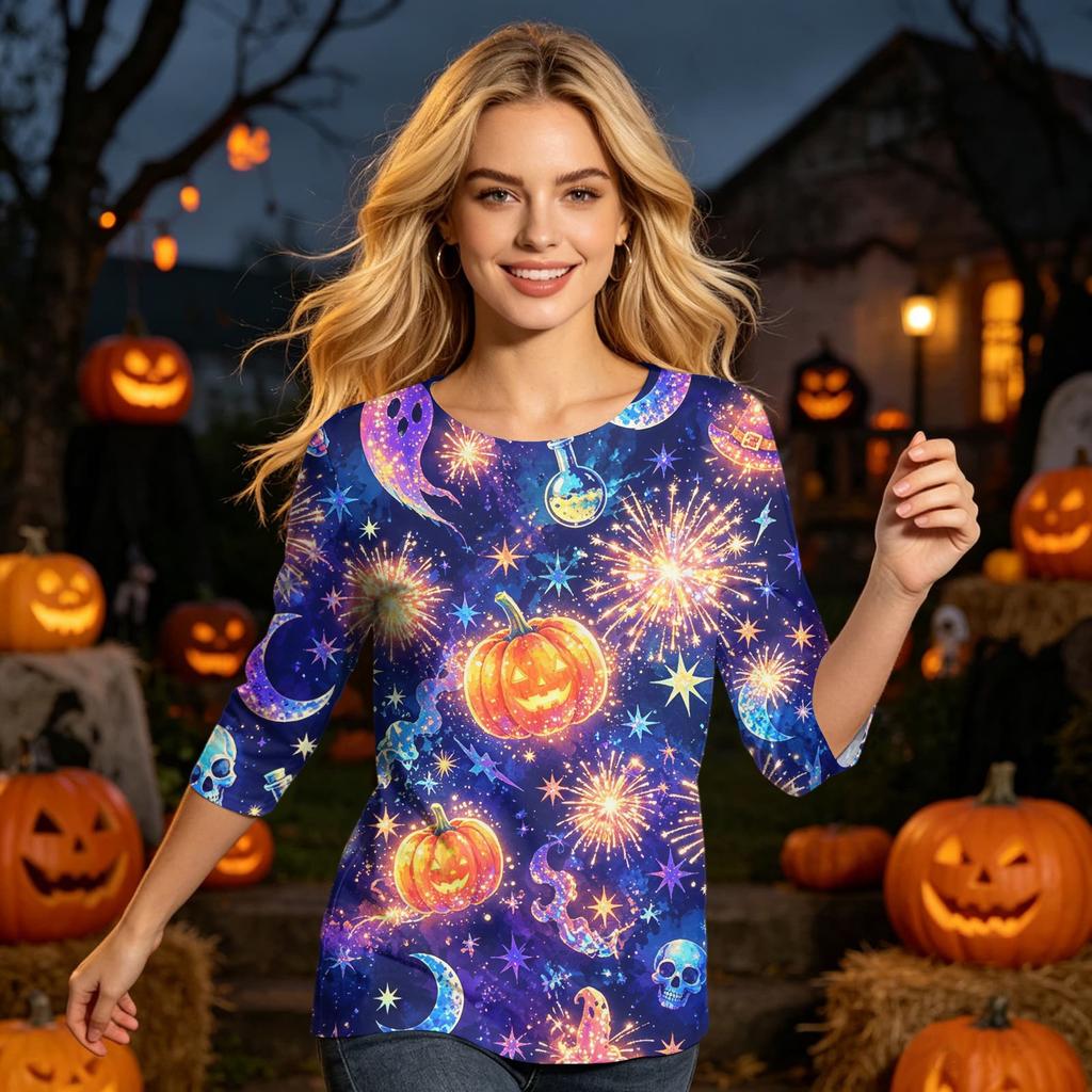 Women’s Casual Three Quarter Sleeve Crew Neck Top with Halloween and Pumpkin Print Loose Fit Comfortable Design