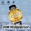 NIBOSI Men's Watch Black Leather Strap Chronograph Waterproof Brand Analog Business Wristwatch Stylish Casual Big Face Gentleman Luxury Gift Gold