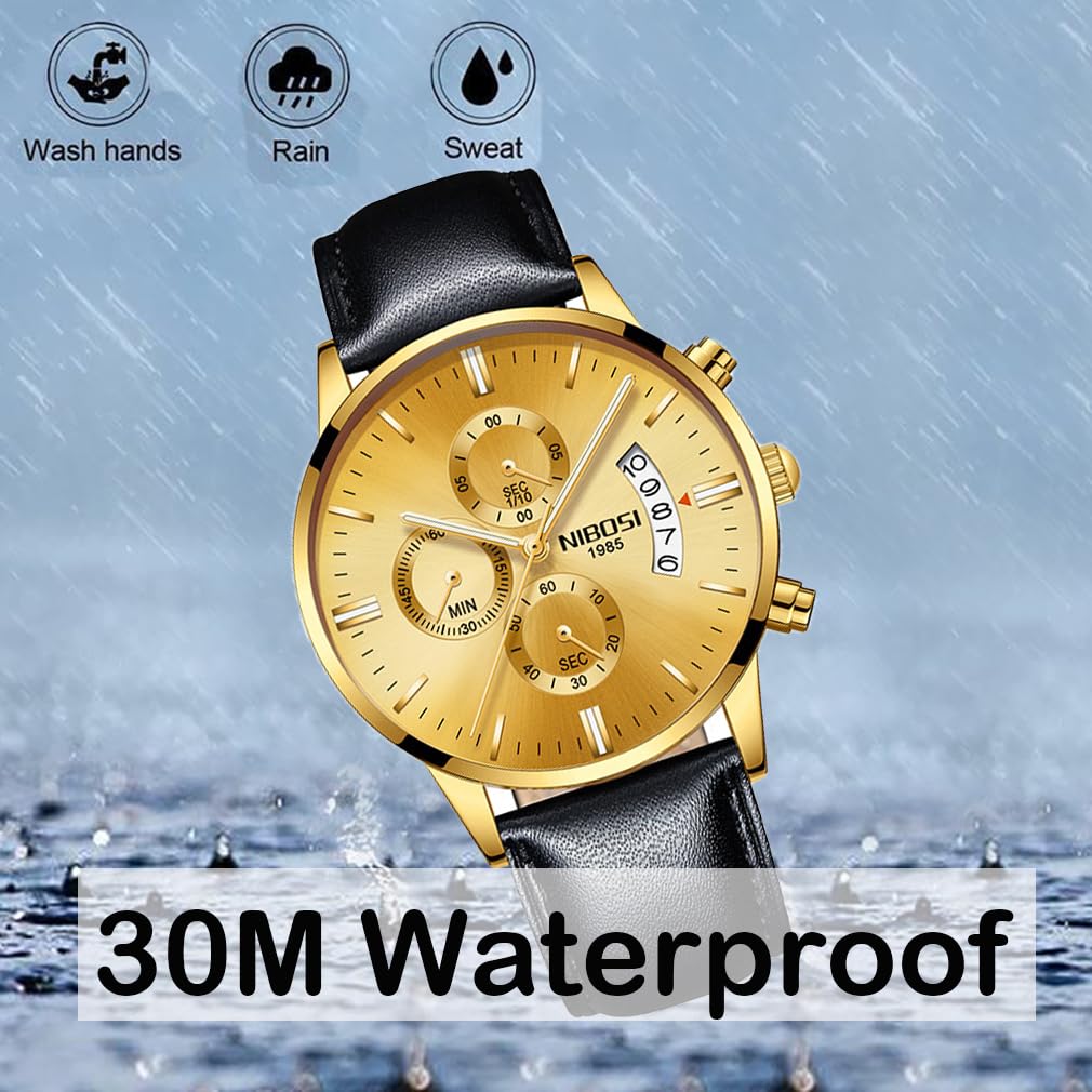 NIBOSI Men's Watch Black Leather Strap Chronograph Waterproof Brand Analog Business Wristwatch Stylish Casual Big Face Gentleman Luxury Gift Gold