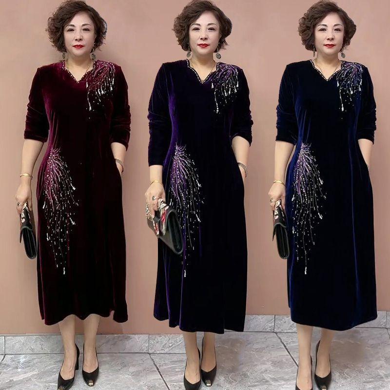 High-end Autumn Winter Retro Women's Velvet Plus-Size Dress V-neck Rhinestone Loose Long A-Line Casual Dress