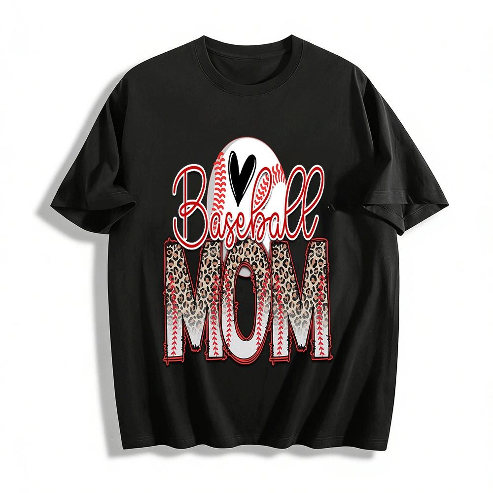 Leopard Print Heart Baseball Mom Graphic Casual T-Shirt Pure cotton T-shirt XXS