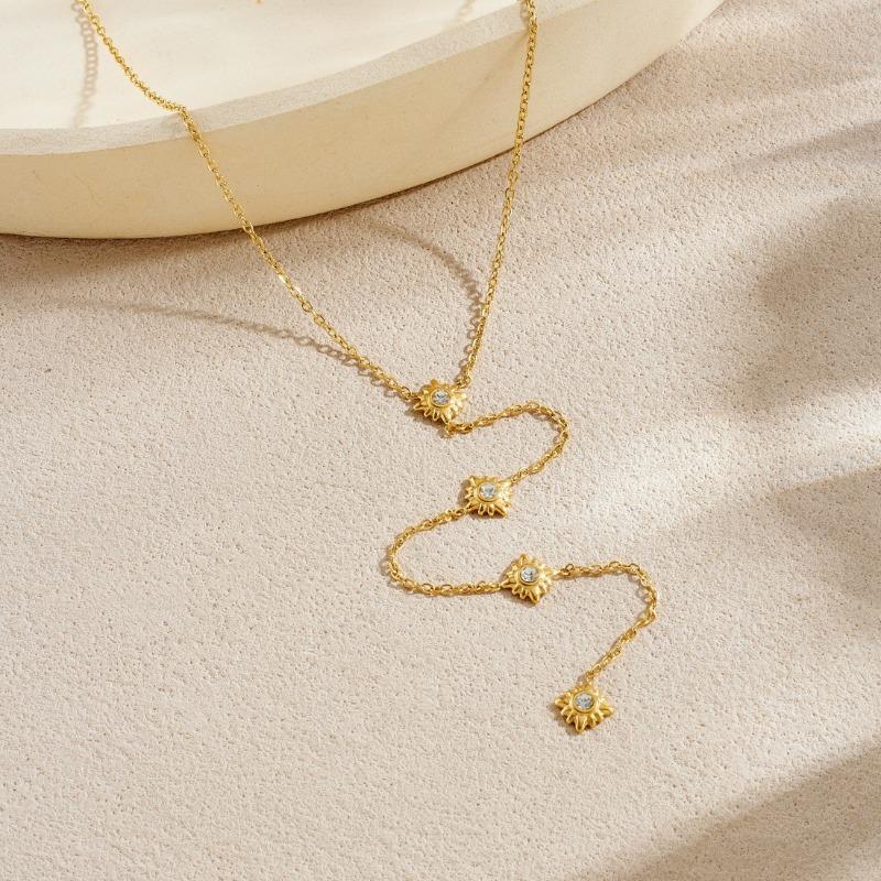 18K Gold Plated Sunflower CZ Y-Necklace, Dainty Layered Lariat Pendant Necklace for Women, Minimalist Jewelry