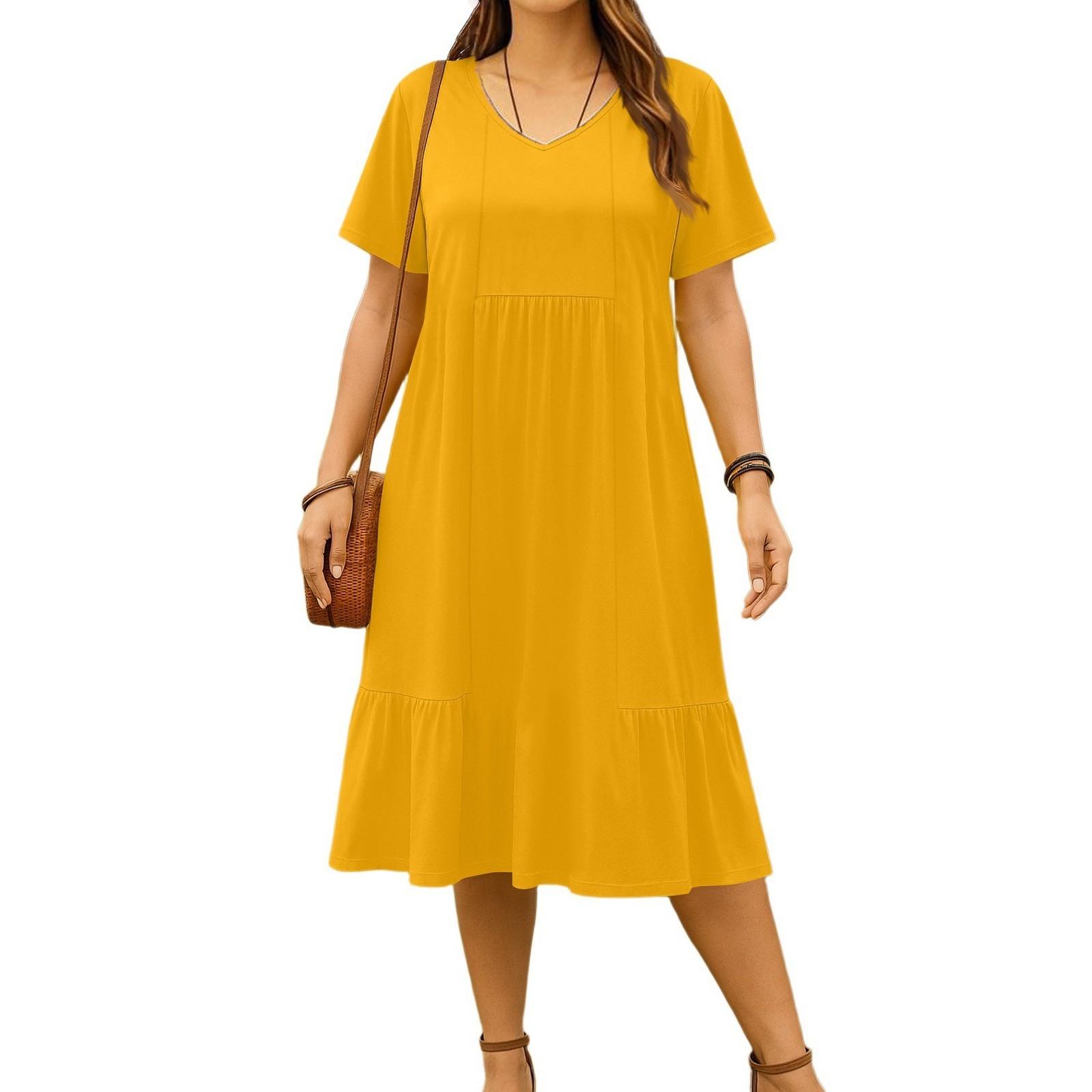 

Женское модное платье-пуловер с круглым вырезом и принтом, свободным коротким рукавом и карманом XL шафрановый