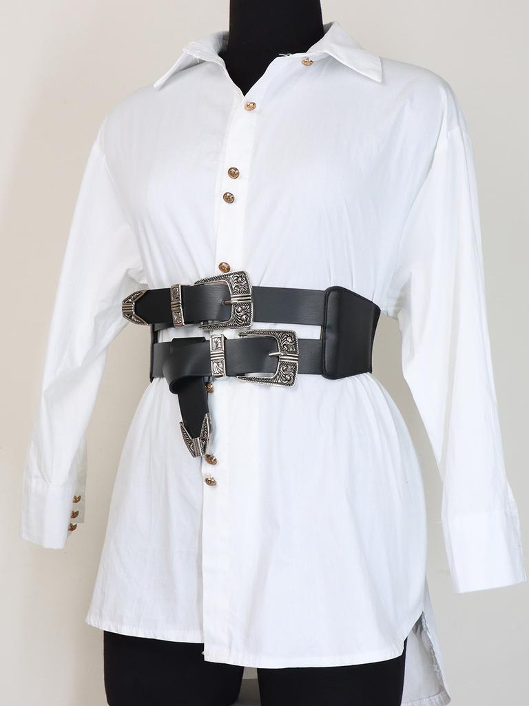 Women's PU Belt Retro Carved Alloy Buckle Double-Row Belt Wide Belt Versatile Jeans Clothing Accessories