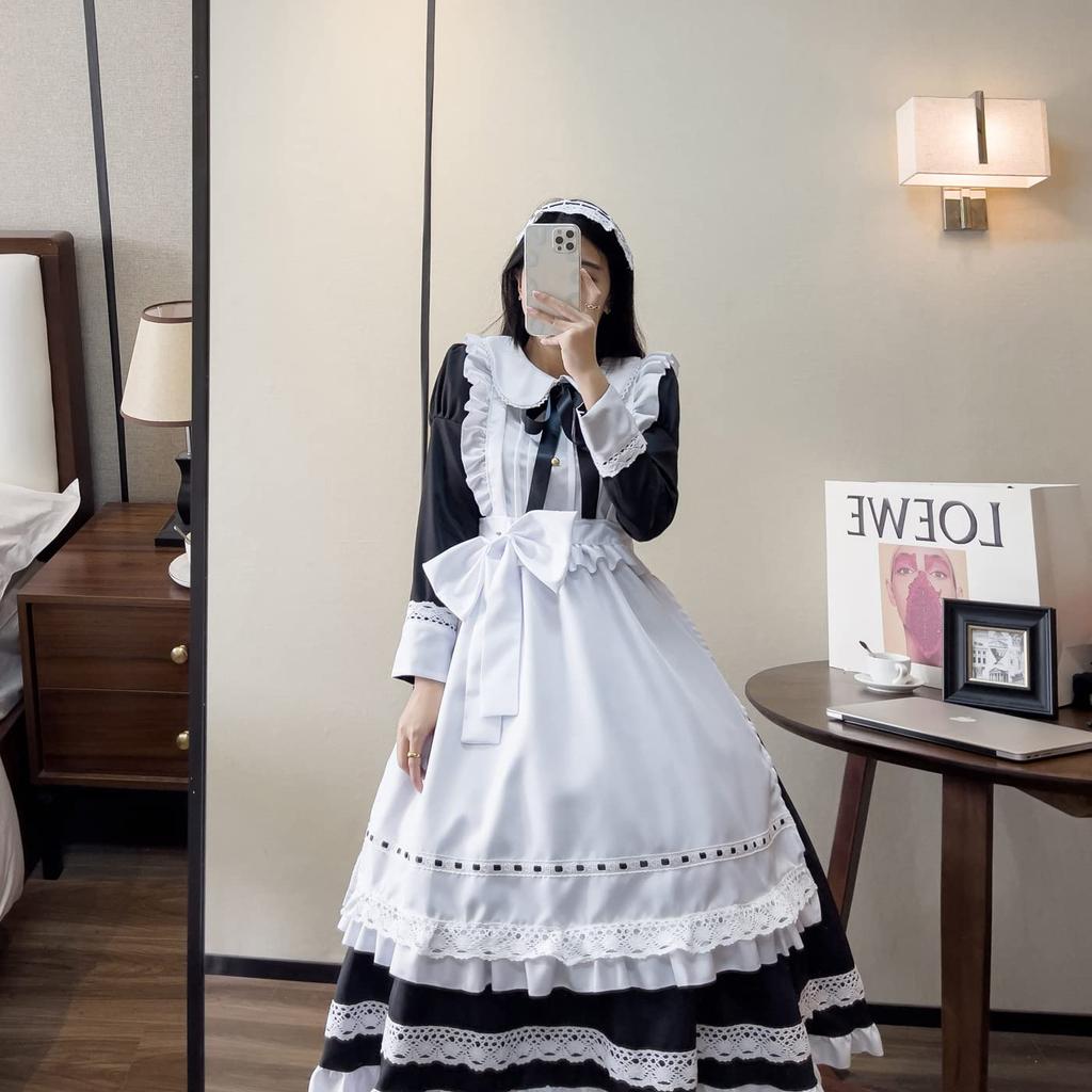 SVNVIOZ Maid Fofa Lolita Gótica Autêntica Manga Comprida Cosplay Popular para e Inclui Laço e Conjunto Roupa, Fantasia, Vestido, Halloween, Festas, Eventos,