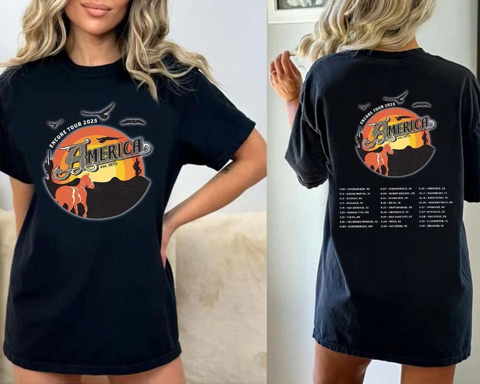 

Vintage America Band Encore Tour 2025 Dates Gif For Fan Tour Inspired T-Shirt Unisex T-Shirt XXL