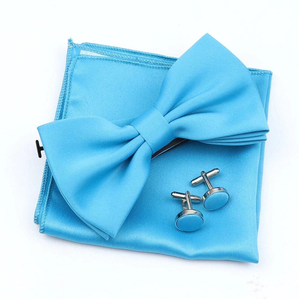 Einfarbiges Herren-Fliege-Taschentuch-Manschettenknopf-Set aus Polyester, Schmetterling, Hochzeit, Party, Abendessen, Zubehör