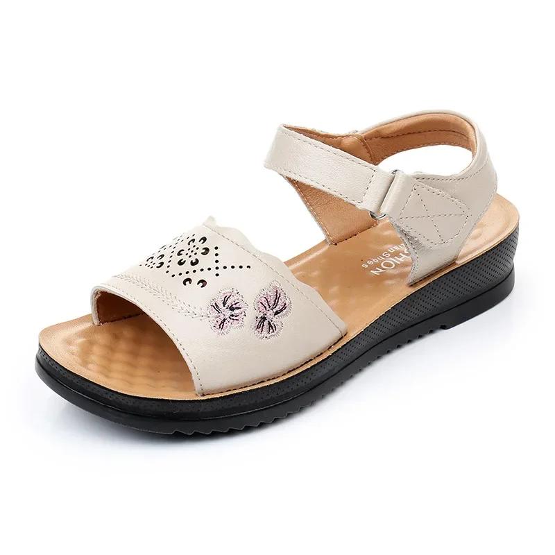 Mode Damen Sommer Neue Keilsandalen Echtes Leder Offene Zehen Bequeme Sandale Lässige Rutschfeste Strandsandalen für Damen Sandalias Mujer