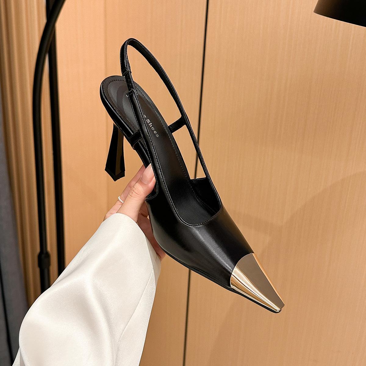 

6933-1 Gold iron head thin heel high heels women s new celebrity small square head patent leather light mouth bag head empty sandals 40 чёрный