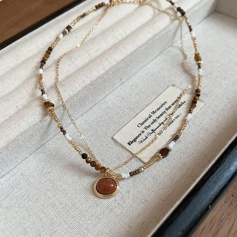 European and American retro coffee color tiger's eye stone beaded pearl necklace light luxury niche collarbone chain temperament advanced sense