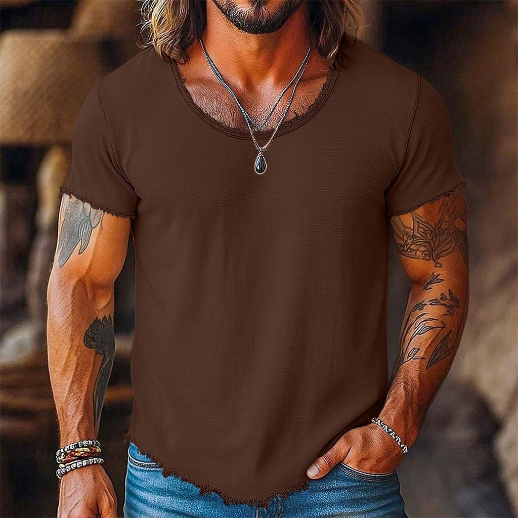 Men Casual Short Sleeve T Shirt Distressed Raw Edge Crew Neck Lightweight Summer Tee for Everyday Wear