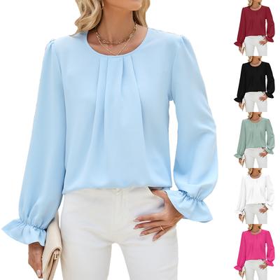 2024 Autumn/Winter New Solid Color Round Neck Loose Long Sleeve Chiffon Top Bottom Shirt