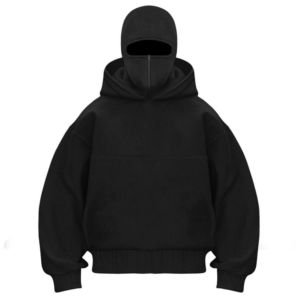 Unisex Street Style Double-Layer Hooded Zipper Jacket with Face-Covering Mask Design